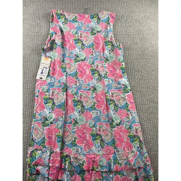 Lulu B Sleeveless Ruffle Trim Shift Dress Tropical Golf Hibiscus UPF50 Large NWT - Picture 8 of 10